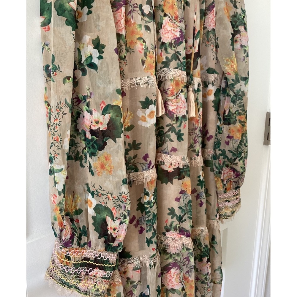 Alice + Olivia Floral Lace Boho Dress M Sheer Long Sleeve Tiered Tassel Mini - Picture 9 of 11